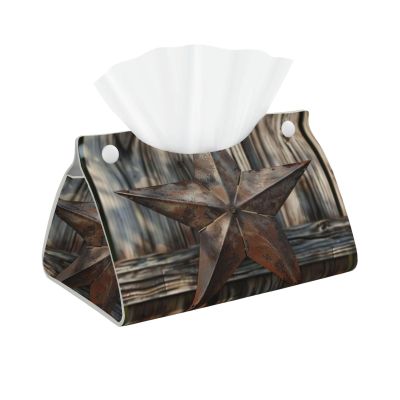 Western Texas Star on Wooden Tissue Box Cover, PVC Leather Tissue Box Holder, Stylish Tissue Box Organizer for Home, Car, Hotel, Office