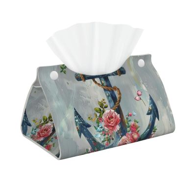 Anchor Flower on Wooden Board Tissue Box Cover, Facial Tissue Holder, Decorative Napkin Dispenser Organizer for Car, Home, Office Accessories