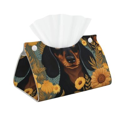 Dachshund Dog with Flower Facial Tissue Holder Tissue Box Cover, Tissue Box Holder for Bathroom, Desks, Car, Vanity, Night Stands