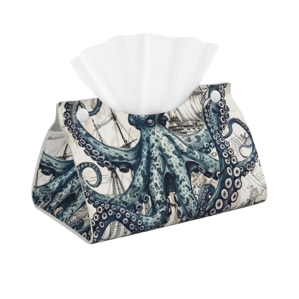 Nautical Map with Octopus and Ship Tissue Box Cover, Tissue Box Holder, Tissue Holders Decorative Organizer for Home Decor, Tabletop and Car