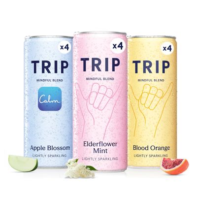 TRIP Mixed Pack Sparkling Drink with 120MG calming Magnesium + Lions Mane + Chamomile + Lemon Balm. Low Calorie and Vegan (Pack of 12 x 250ml)