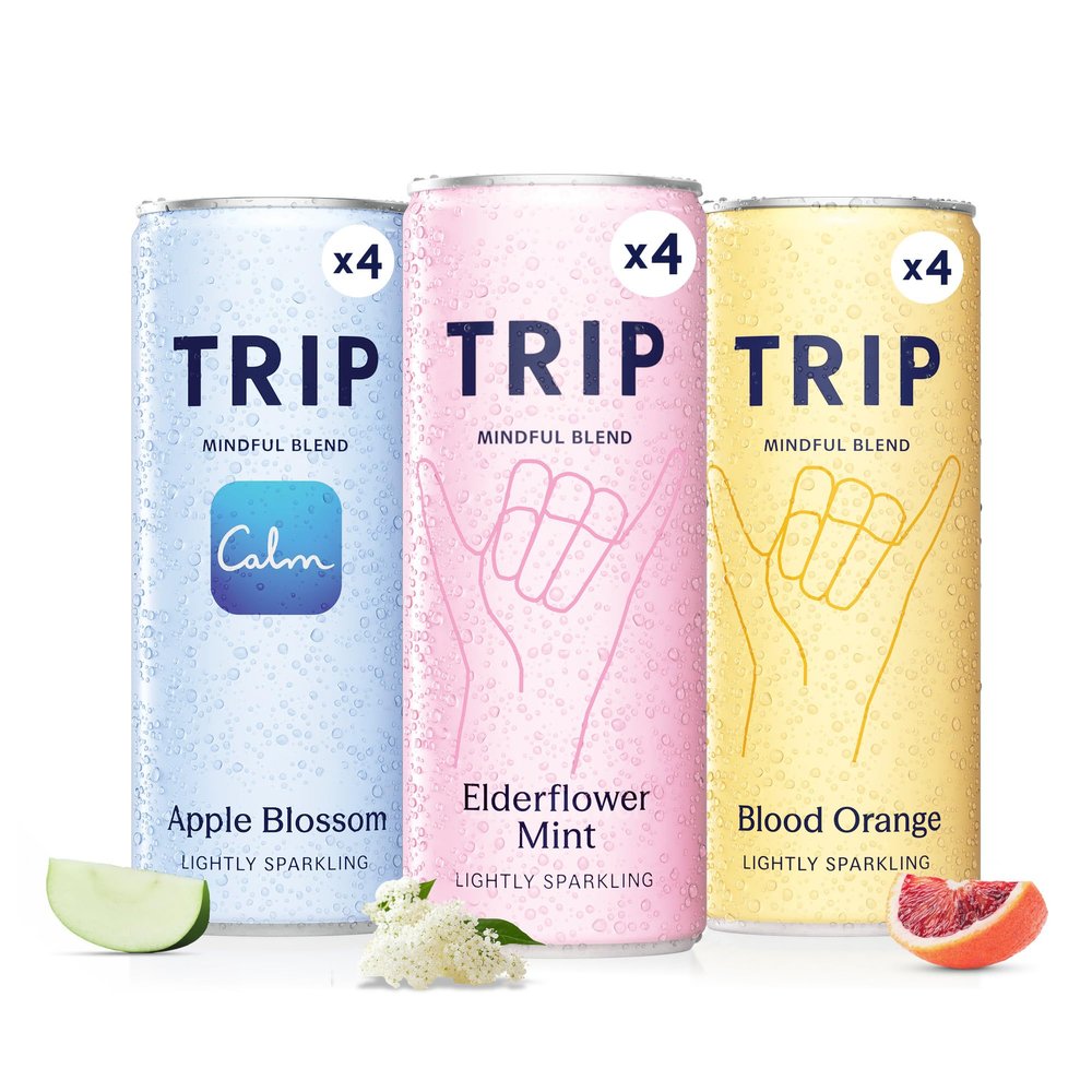 TRIP Mixed Pack Sparkling Drink with 120MG calming Magnesium + Lions Mane + Chamomile + Lemon Balm. Low Calorie and Vegan (Pack of 12 x 250ml)