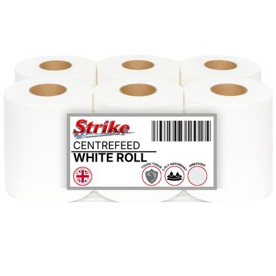 Strike White Centre Feed Embossed 2ply Wiper Paper Towel 50M p/Rolls 6 Per Pack Family Disposable Kitchen Rolls Cleaning Household (6 Roll's)