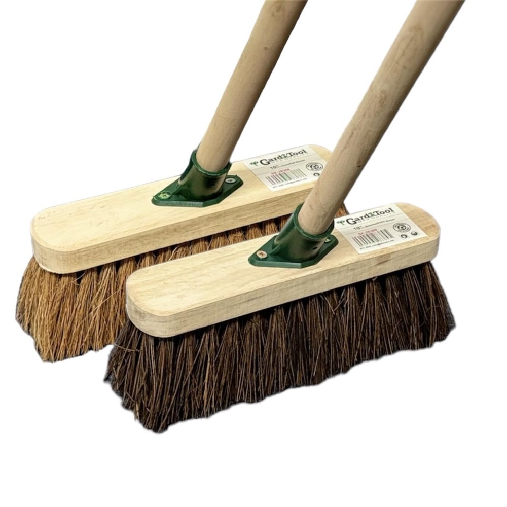 10" inch TWIN PACK OF TRADITIONAL WOODEN SWEEPING BRUSHES - x 1 STIFF OUTDOOR YARD SWEEPING BRUSH AND x 1 SOFT COCO BROOM WITH HANDLES