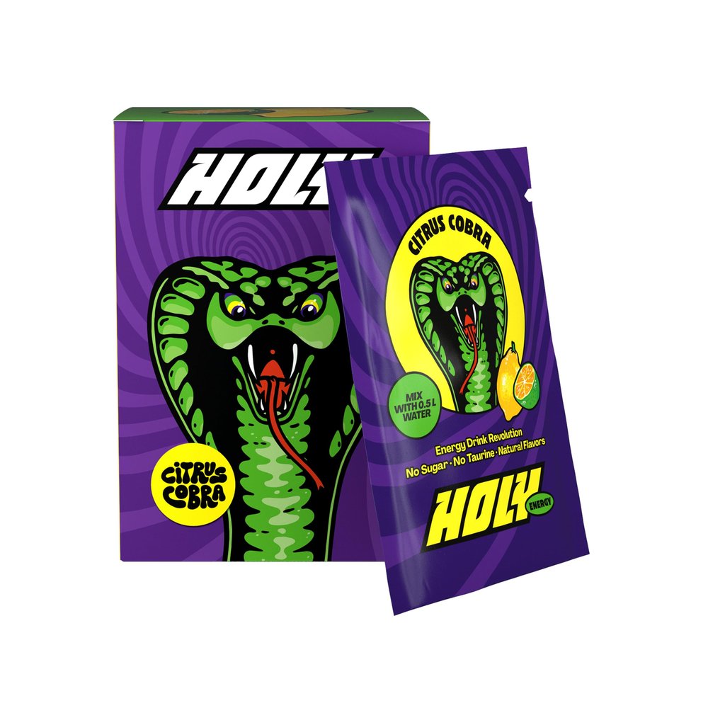 HOLY Energy Drink Powder 'Citrus Cobra' Citrus & Calamondin- Tasting Box 10 Servings Booster with Caffeine (NewCaff) & Green Tea Extract - Sugar-Free & Vegan with 100% Natural Fruit Flavours