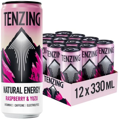 TENZING Natural Energy Drink, Plant Based, Vegan, & Gluten Free Drink, Raspberry & Yuzu, 330ml (Pack of 12)
