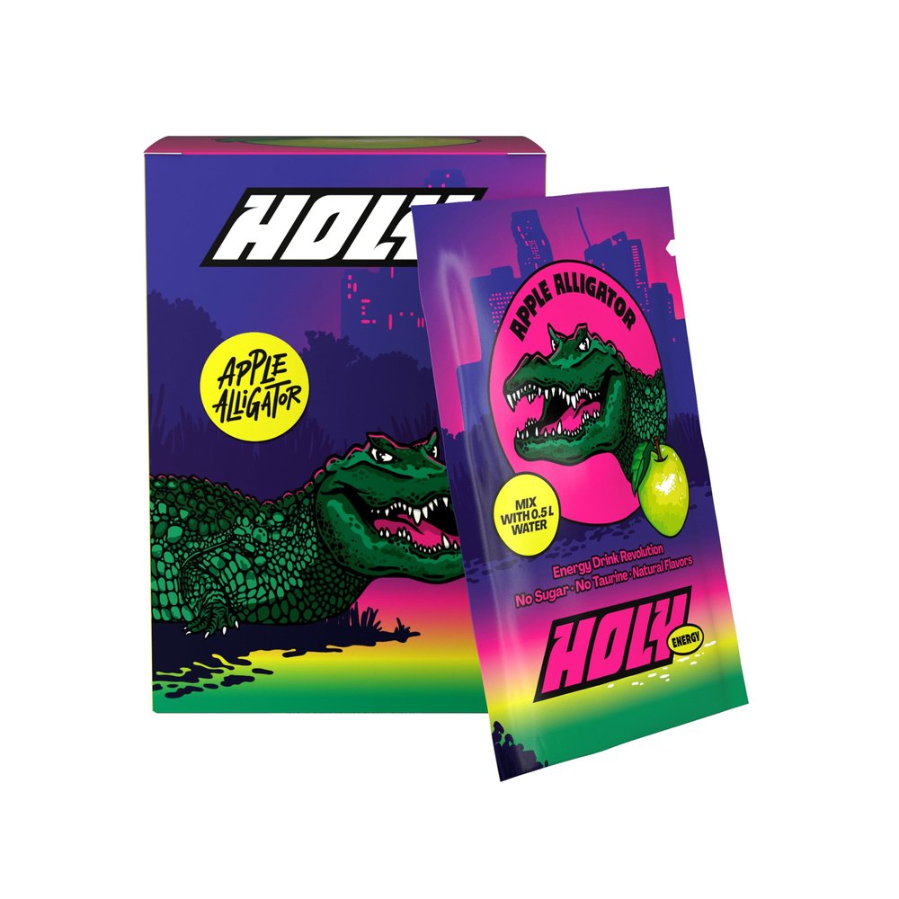HOLY Energy Drink Powder 'Apple Alligator' Sour Apple - Tasting Box 10 Servings Booster with Caffeine (NewCaff) & Green Tea Extract - Sugar-Free & Vegan with 100% Natural Fruit Flavours