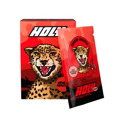 HOLY Energy Gaming Booster 10 Tasting Box Cherry Cheetah with Cherry Flavour Powder | 10 portions with NewCaff & Green Tea Extract | Focus Drink | Vegan with 100% natural fruit flavours