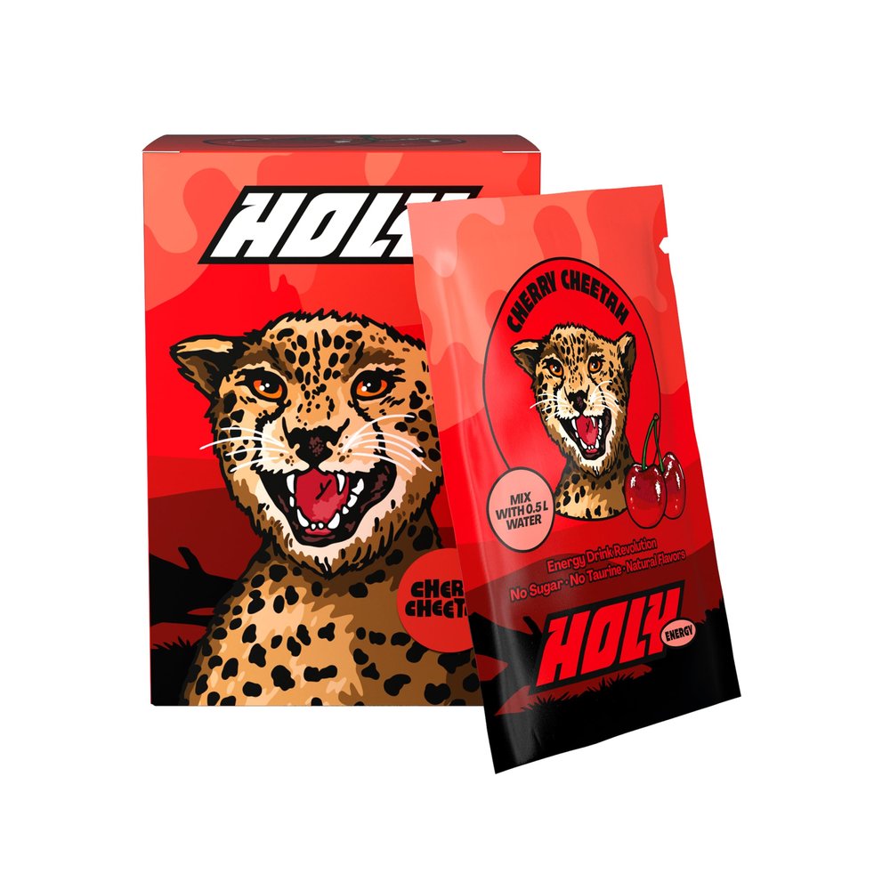 HOLY Energy Gaming Booster 10 Tasting Box Cherry Cheetah with Cherry Flavour Powder | 10 portions with NewCaff & Green Tea Extract | Focus Drink | Vegan with 100% natural fruit flavours