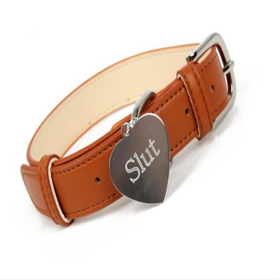BDSM collar in tan colour with slut tag
