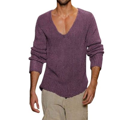 Fowjknww Knitted Jumper Men's Plain Fashionable Long Sleeve Shirt Deep V Neck Leisure Shirt Streetwear Hip Hop Winter Jacket Outdoor Jacket Fine Knit Simplicity Muscle Shirt, purple, M