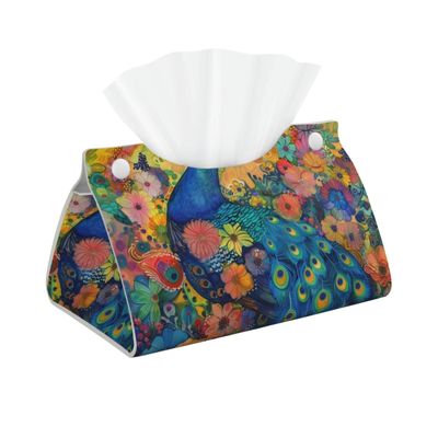Colorful Flowers and Peacock Painting Tissue Box Cover, PVC Leather Tissue Box Holder Napkins Box Covers for Home/Office/Car Decoration