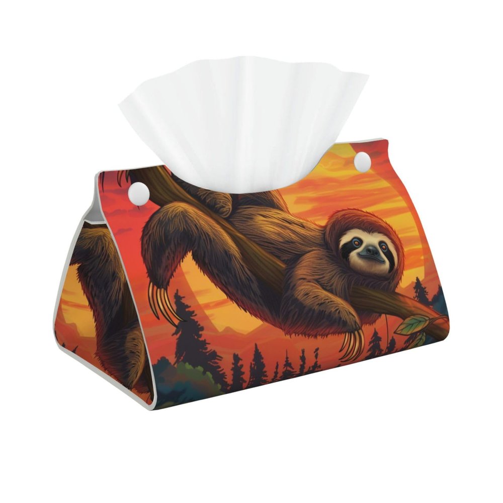 Sunset Sloth Hanging on Tree Branch Tissue Box Cover, PVC Leather Tissue Box Holder Napkins Box Covers for Home/Office/Car Decoration
