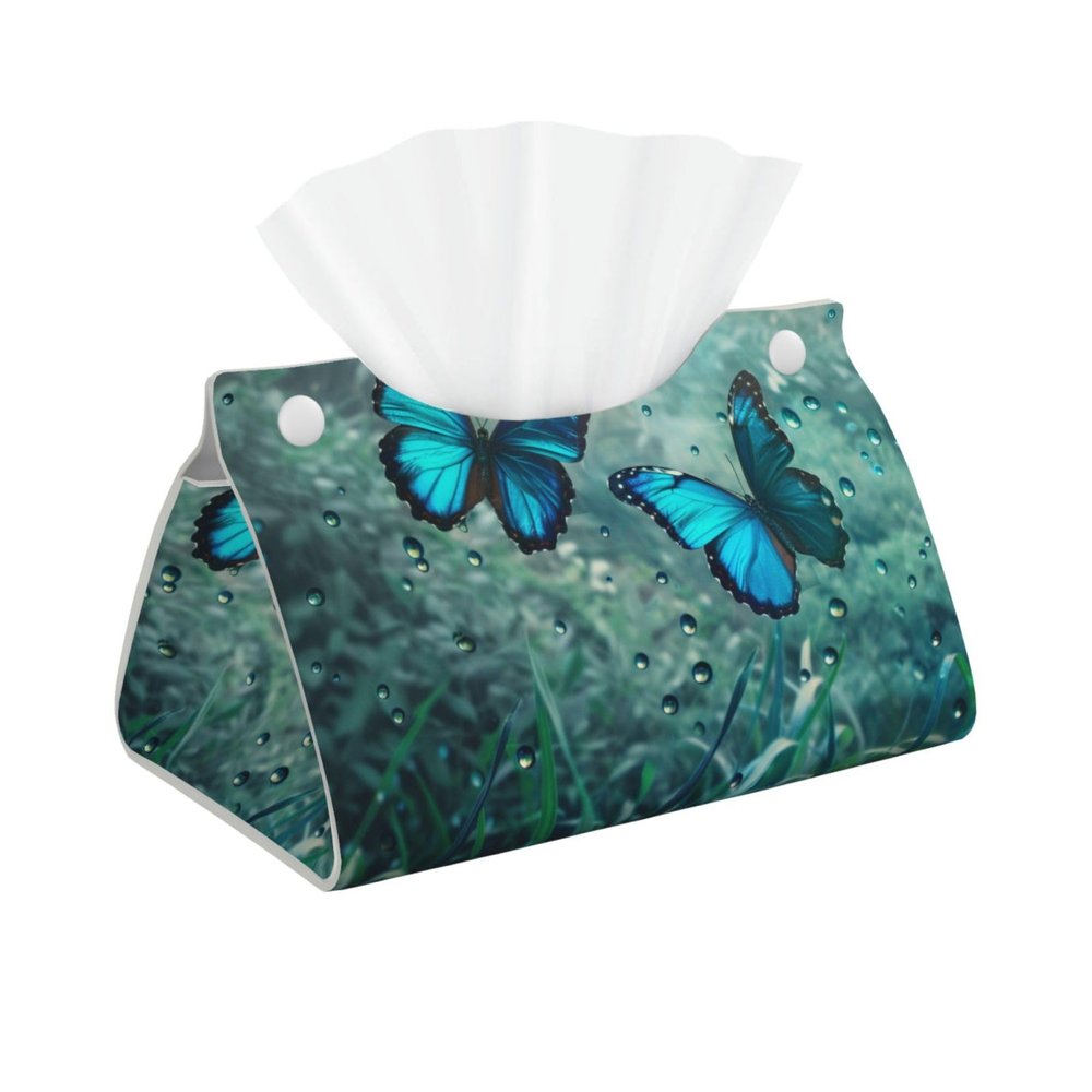 Blue Butterflies in Window Tissue Box Cover, Tissue Box Holder, Facial Box Cover for Storage on Bathroom Vanity, Countertop, Bedroom Dresser