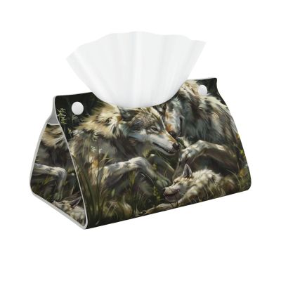 Wolf Family in Grass Tissue Box Cover, Facial Tissue Holder, Decorative Napkin Dispenser Organizer for Car, Home, Office Accessories
