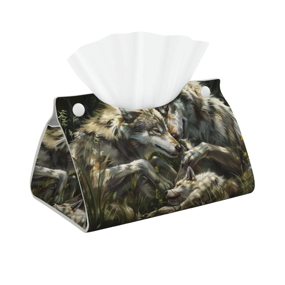 Wolf Family in Grass Tissue Box Cover, Facial Tissue Holder, Decorative Napkin Dispenser Organizer for Car, Home, Office Accessories