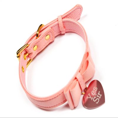 BDSM collar in pink faux leather with Yes Sir tag for submissive