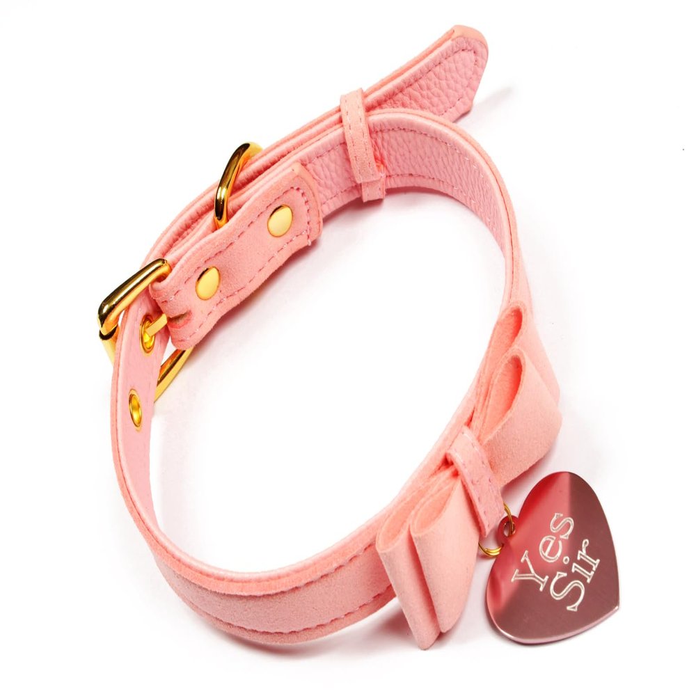 BDSM collar in pink faux leather with Yes Sir tag for submissive