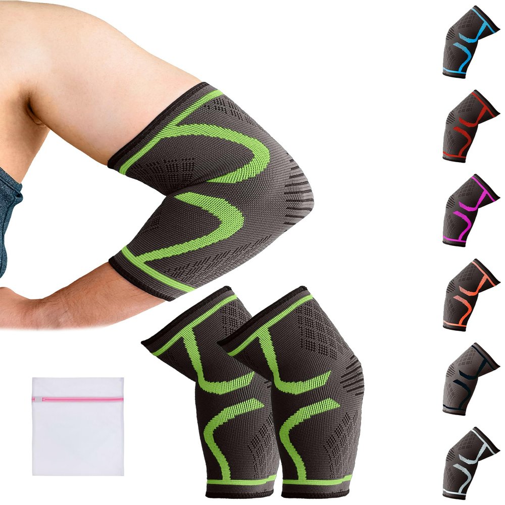 360 RELIEF Elbow Support for Men, Women, Kids, 2 Pack Compression Elbow Sleeve for Tennis, Golfers, Sports, Fitness, Gym, Weightlifting, Large, Green + Laundry Bag