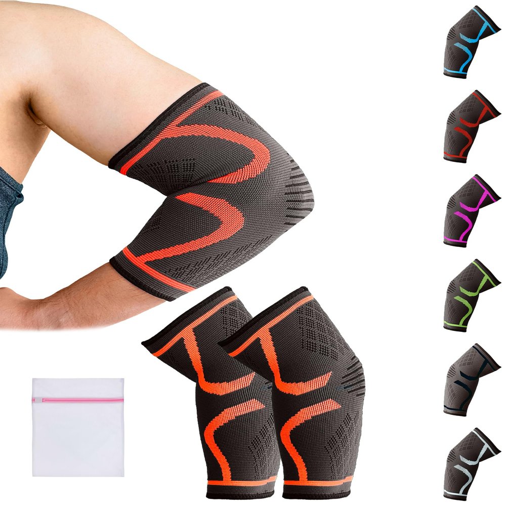 360 RELIEF Elbow Support for Men, Women, Kids, 2 Pack Compression Elbow Sleeve for Tennis, Golfers, Sports, Fitness, Gym, Weightlifting, Medium, Orange + Laundry Bag