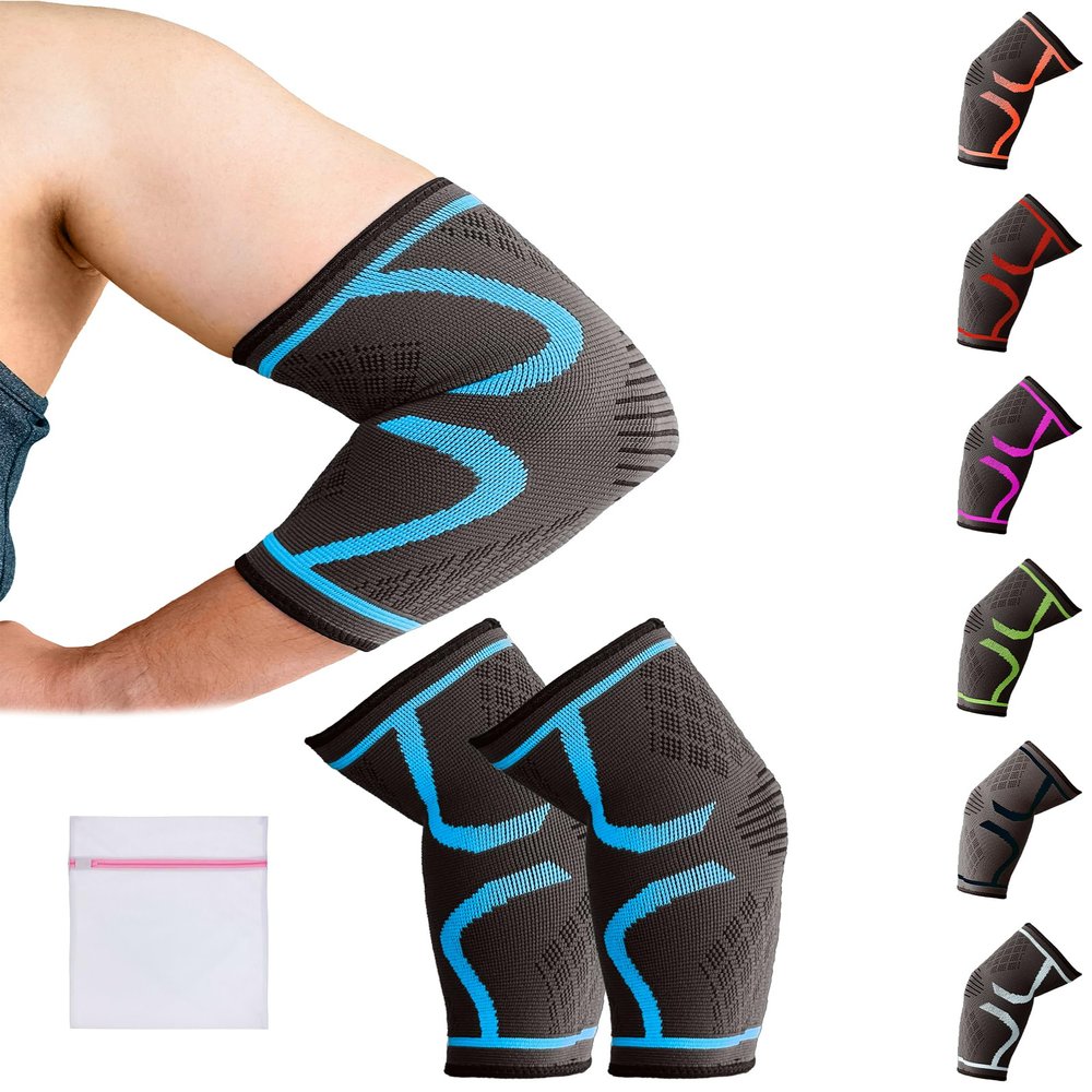 360 RELIEF Elbow Support for Men, Women, Kids, 2 Pack Compression Elbow Sleeve for Tennis, Golfers, Sports, Fitness, Gym, Weightlifting, Small, Blue + Laundry Bag
