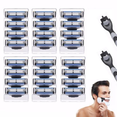 24PCS Mens Razor Blades Refills Compatible with Mach 3 and 2PCS Handles Compatible with Gillette, Washable Layer Shaver Blades Kit for Men Father Boyfriend