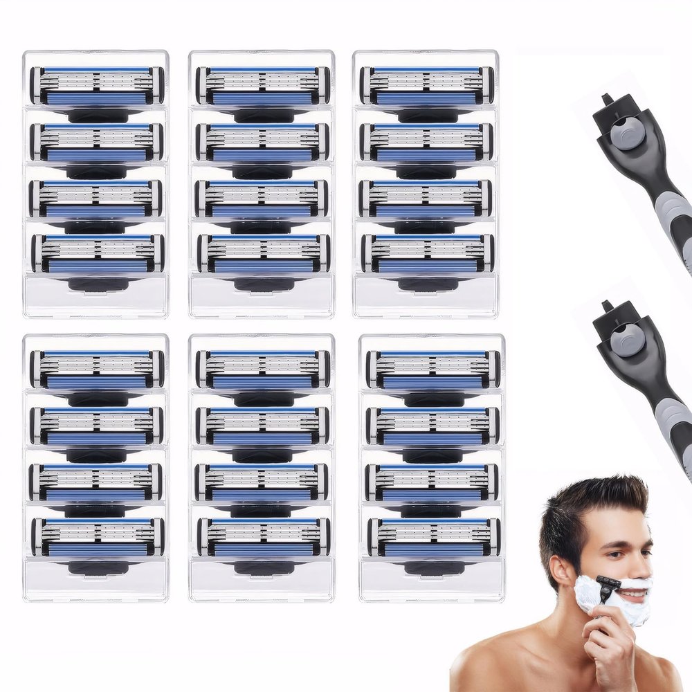 24PCS Mens Razor Blades Refills Compatible with Mach 3 and 2PCS Handles Compatible with Gillette, Washable Layer Shaver Blades Kit for Men Father Boyfriend