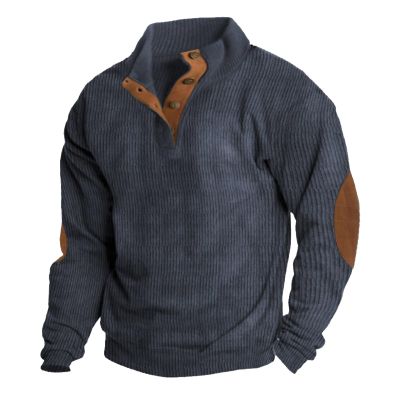 Rrongwn Cord Sweatshirt Men's Stand-Up Collar Button Pullover with Pocket Long Sleeve Shirt with Turtleneck Lightweight Cotton Pullover Casual Loose Tops Breathable Functional Shirt, blue, XL