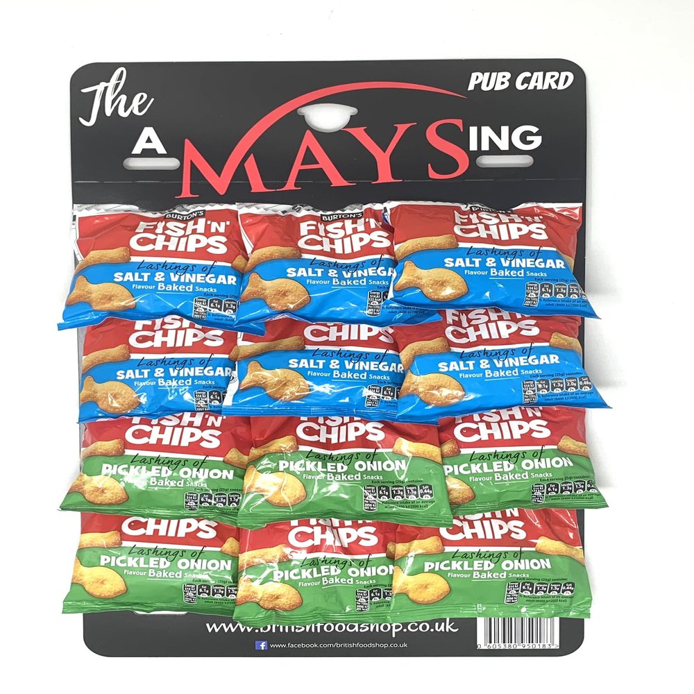 Burtons Daily Fish 'n' Chips Snacks Biscuits on 'The AMaysing' Pub Card, 12 Pack - Mixed: Salt & Vinegar, Pickled Onion