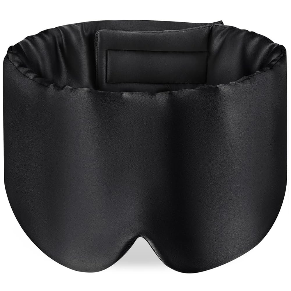 100% Mulberry Silk Sleep Mask Eye Mask for Women Man with Adjustable Band,Reduces Wrinkles, for Side Sleeper Blackout Sleep Mask for Travel Rest and Office Large Size (Black)