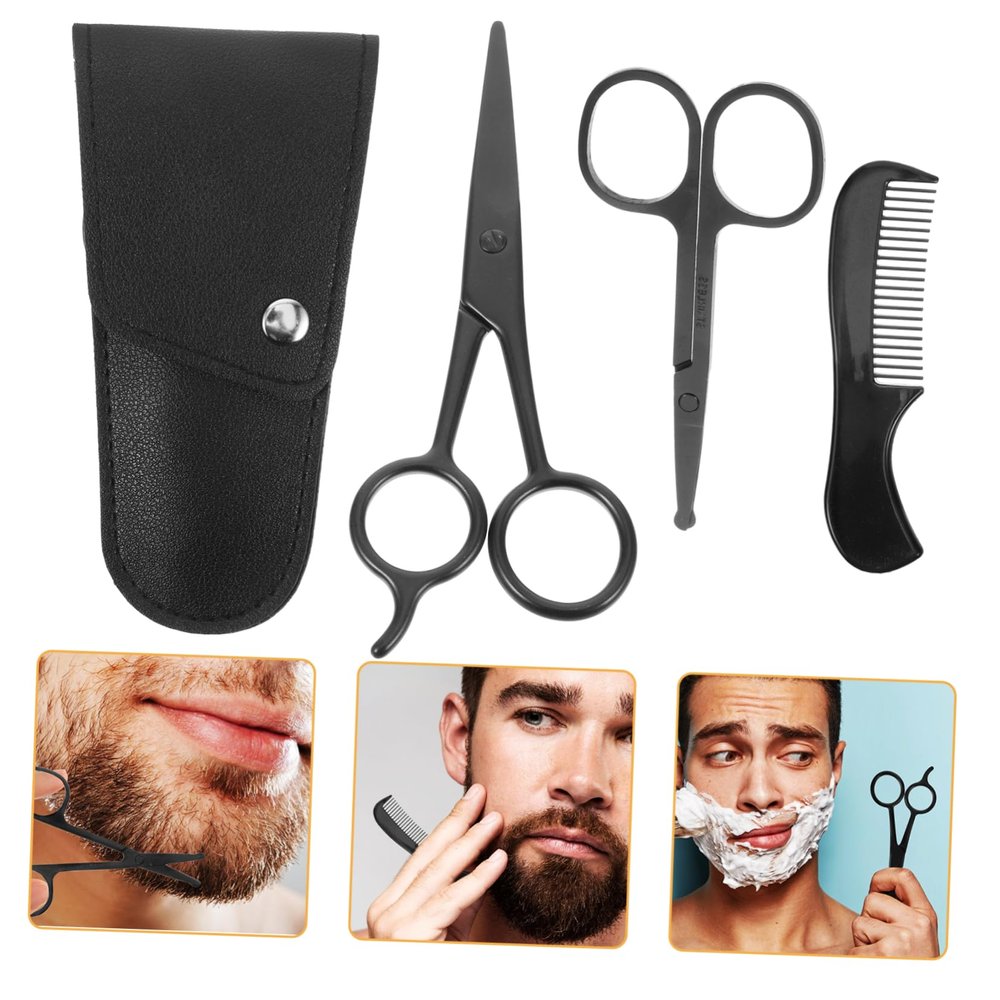 Beatifufu Beard Shears Kit with Stainless Steel Mustache Trimming Scissors and Comb 4pcs Set for Men Grooming at Home and Barbershop with Storage Bag
