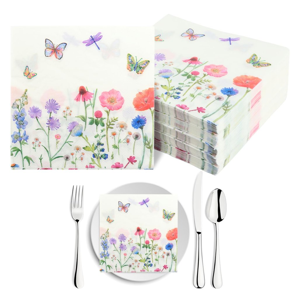 100 Pcs Floral Paper Napkins,Floral Cocktail Napkins Paper 2 Ply (6.5x6.5") Disposable Paper Butterfly Wild Flower Dessert Napkin,Floral Napkins for Tableware Party Supplies