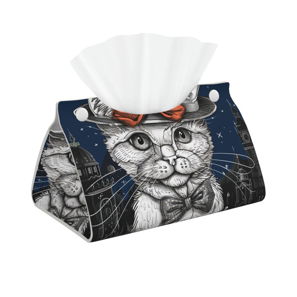 Cat Wearing Hat and Bow Tie Tissue Box Cover, Tissue Box Holder, Tissue Holders Decorative Organizer for Home Decor, Tabletop and Car