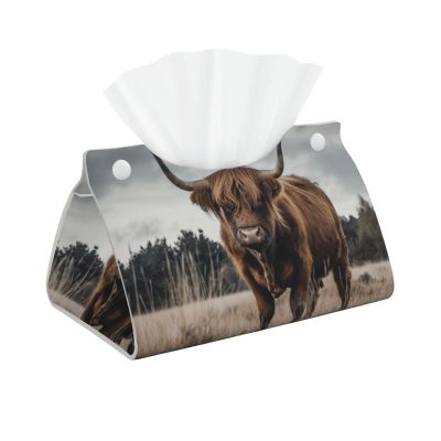 Cute Farm Cow in Fall Grassland Tissue Box Cover, Tissue Box Holder, Facial Box Cover for Storage on Bathroom Vanity, Countertop, Bedroom Dresser