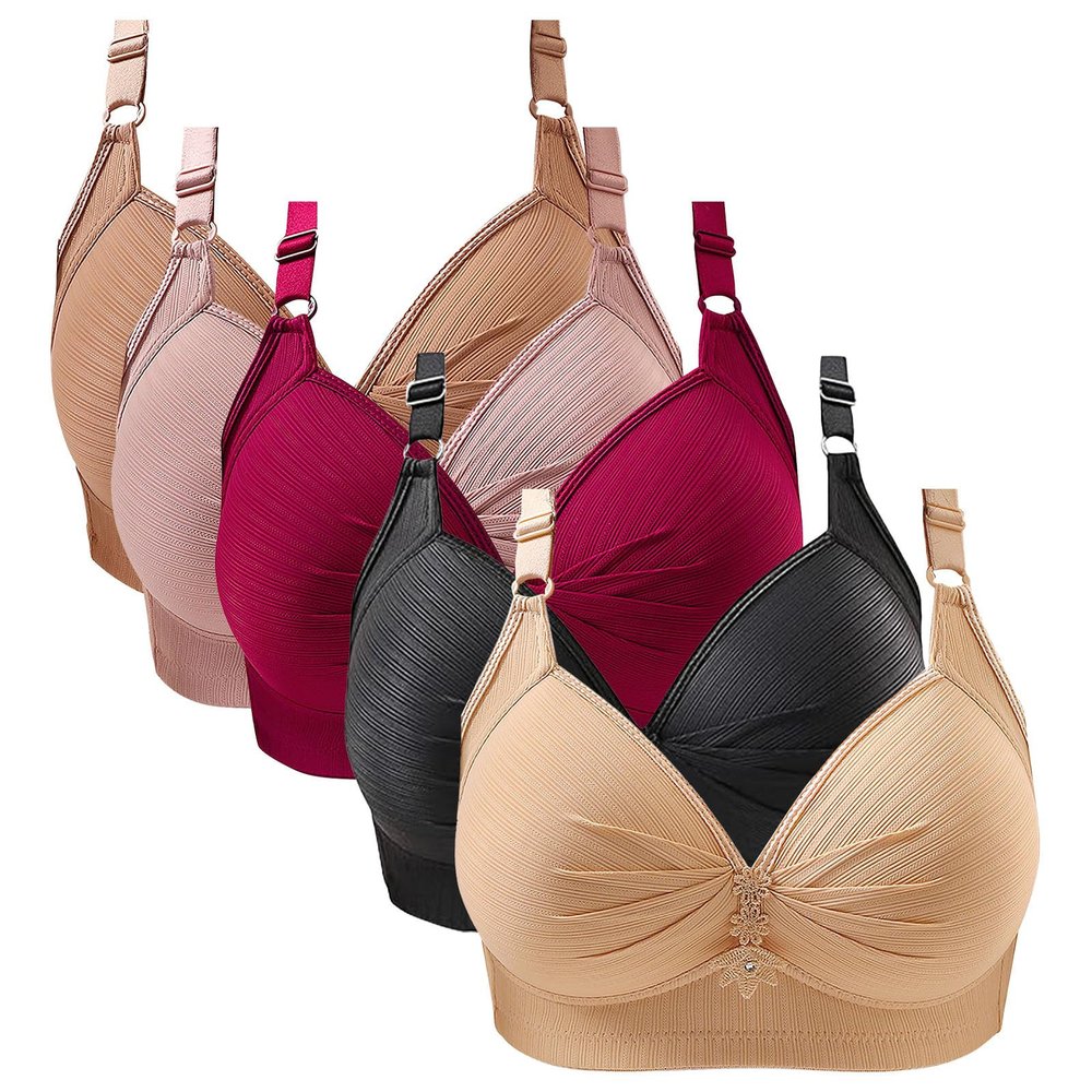 Bralette Bra Without Underwire Push Up, Elegant Bra Large Breasts Strong Hold Sexy Bustiers Top Comfort Classic Minimiser Bra Good Hold Breathable Bra Top Stretch Medium Feel-Good Bra Pack of 5,