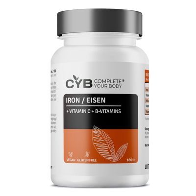 CYB High-Strength Iron Complex  180 Tablets - Chelated Iron 14mg (as Gluconate) (100% NRV) Plus Folic Acid, Vitamins B12, B6 and C - Formation of Red Blood Cells, Reduction of Tiredness and Fatigue