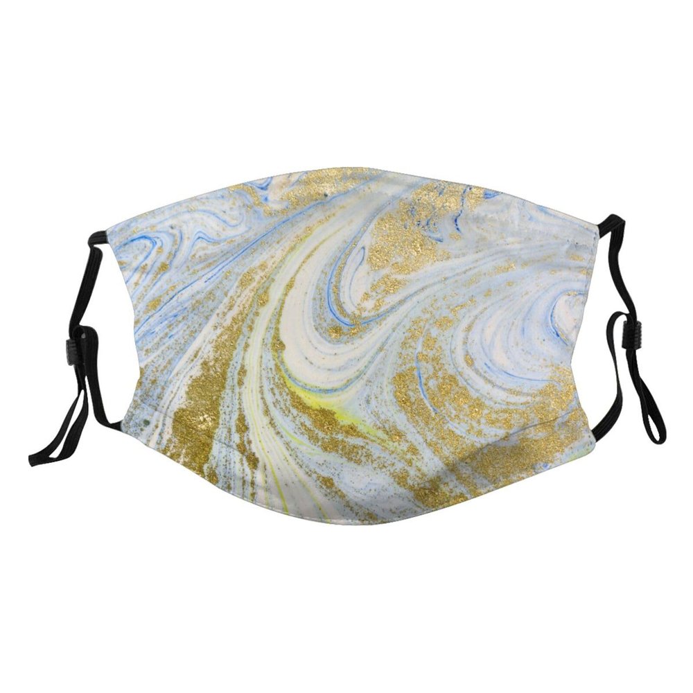 Reusable Cloth Face Mask,Blue White And Gold Abstract Liquid Marble Adult Washable Face Cover With Adjustable Earloops Nose Wire