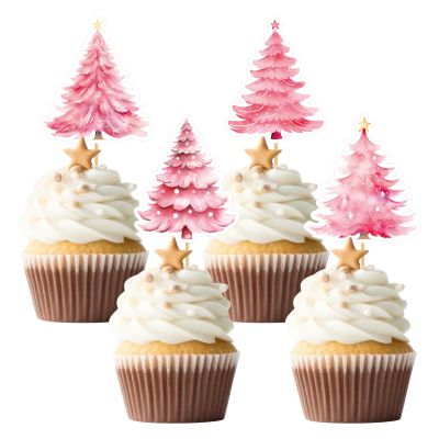 Whaline 48Pcs Christmas Cupcake Toppers Pink Xmas Pine Tree Cupcake Picks 4 Designs Watercolor Cake Decorations for Birthday Baby Shower Winter Party Supplies