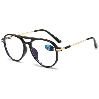 ABETOS Retro Pilot Reading Glasses Blue Light Blocking Fashion Women Men Computer Readers Full Frame Metal Temples Double Bridge Eyeglasses, Bright Black+0.0