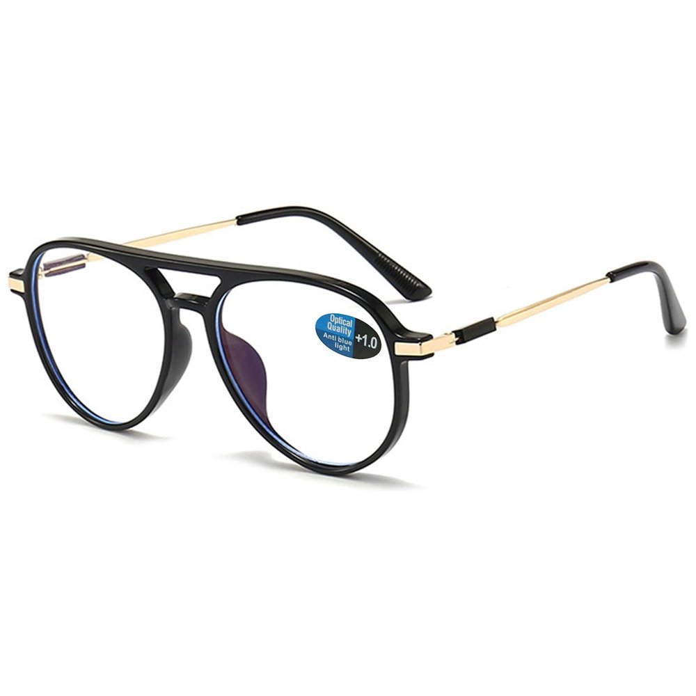 ABETOS Retro Pilot Reading Glasses Blue Light Blocking Fashion Women Men Computer Readers Full Frame Metal Temples Double Bridge Eyeglasses, Bright Black+0.0