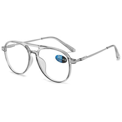 ABETOS Retro Pilot Reading Glasses Blue Light Blocking Fashion Women Men Computer Readers Full Frame Metal Temples Double Bridge Eyeglasses, Clear Grey+1.5