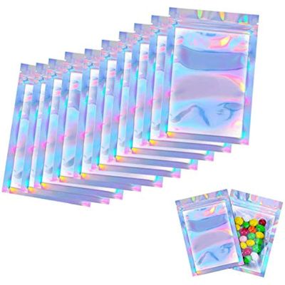 100 Pcs Mylar Foil Ziplock Bags, Resealable Smell Proof Holographic Colour Foil Bags, for Party Favours Food Storage