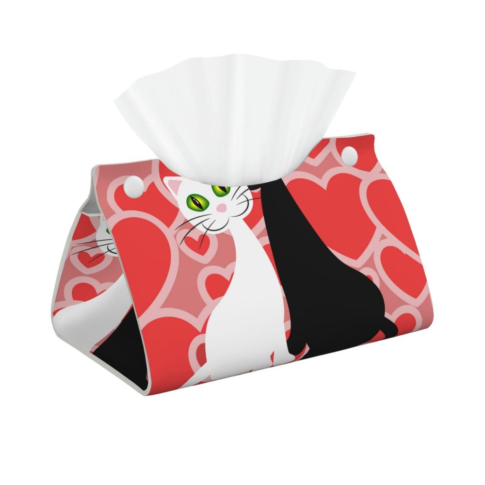 Cat Couple Heart Tissue Box Cover PVC Leather Facial Tissue Dispenser Box Holder for Dresser Bathroom Decorative