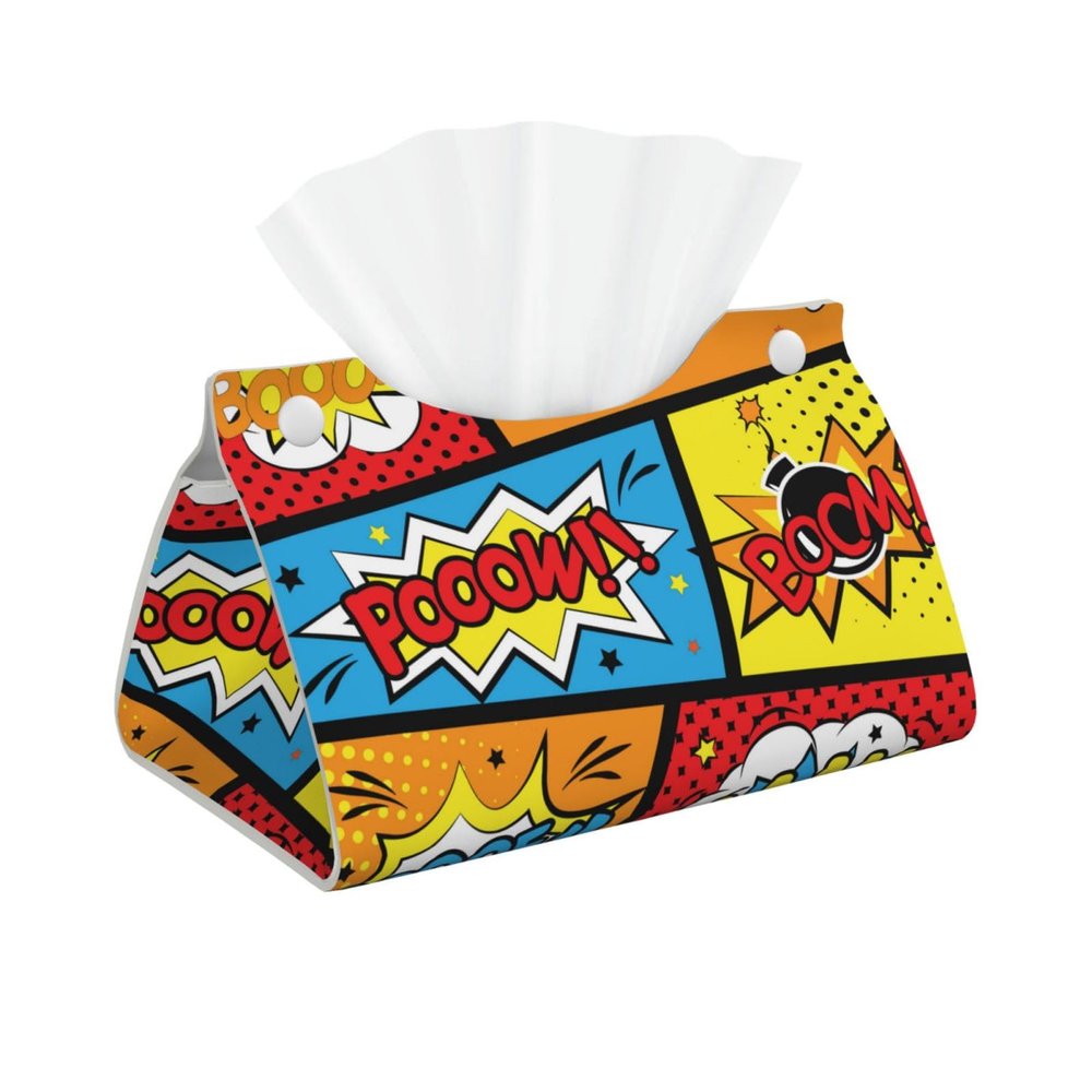Boom Comic Words Tissue Box Cover, PVC Leather Tissue Box Holder, Stylish Tissue Box Organizer for Home, Car, Hotel, Office