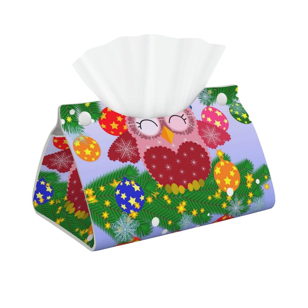 Christmas Cute Owl and Jingling Bells Tissue Box Cover, PVC Leather Tissue Box Holder Napkins Box Covers for Home/Office/Car Decoration