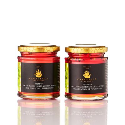 Caravella Fine Food - Tasting set x2 -Acacia Honey & Hot Chilli 250 gr - Caravella Gourmet collection -100% italian - pure flavored honey - perfect for cheese plate