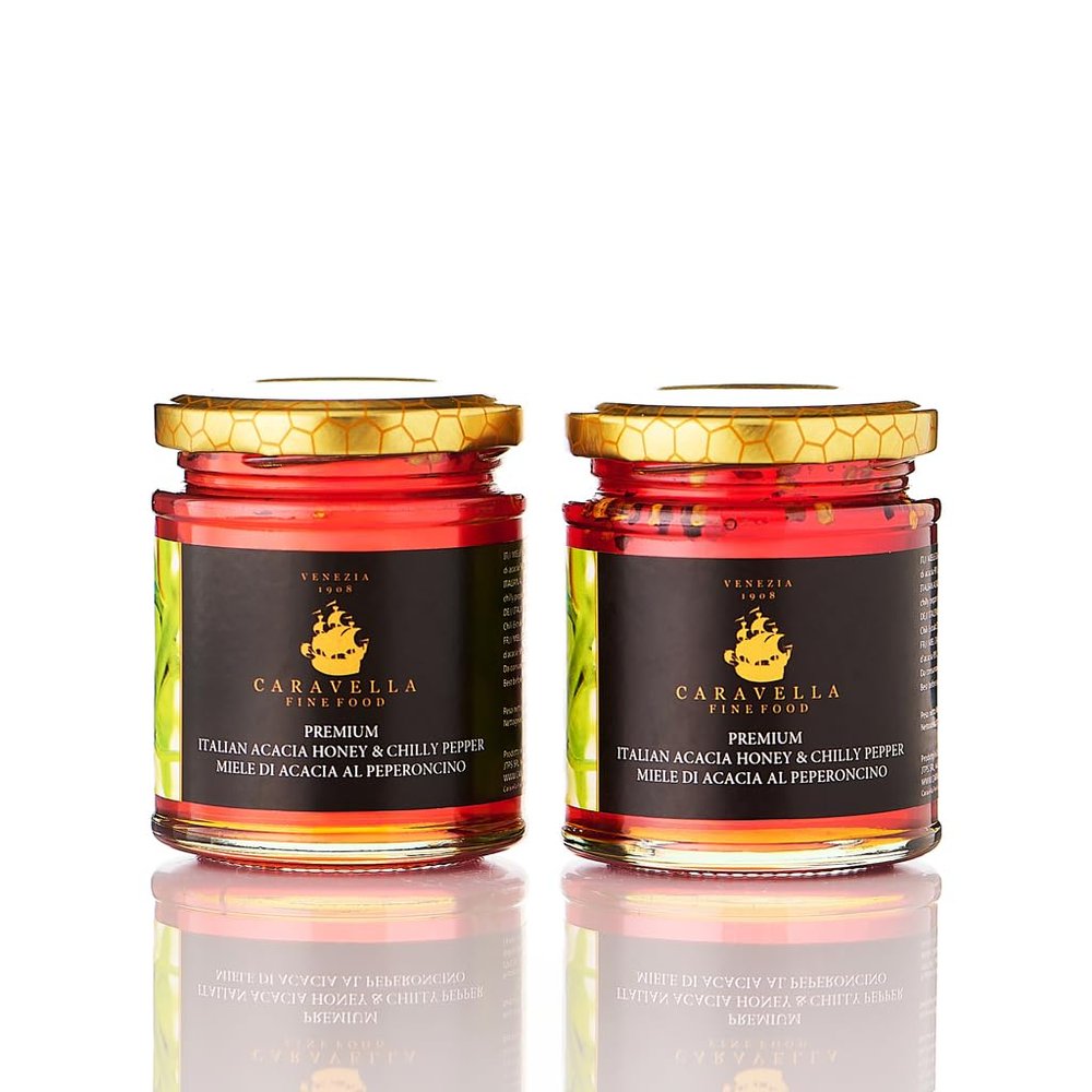 Caravella Fine Food - Tasting set x2 -Acacia Honey & Hot Chilli 250 gr - Caravella Gourmet collection -100% italian - pure flavored honey - perfect for cheese plate