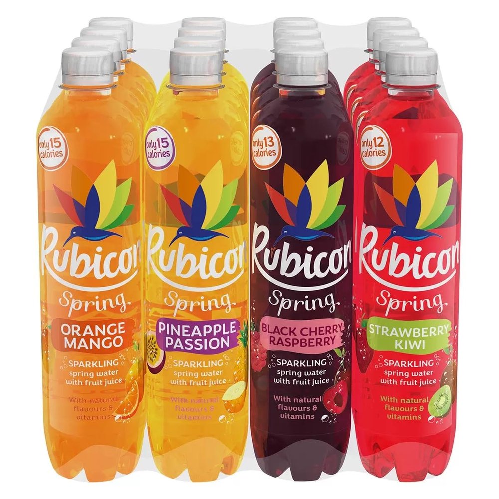 Rubicon Sparkling Spring Water Mixed Pack, 16 x 500ml Juice (Orange Mango, Strawberry Kiwi, Black cherry raspberry, Pineapple Passion)