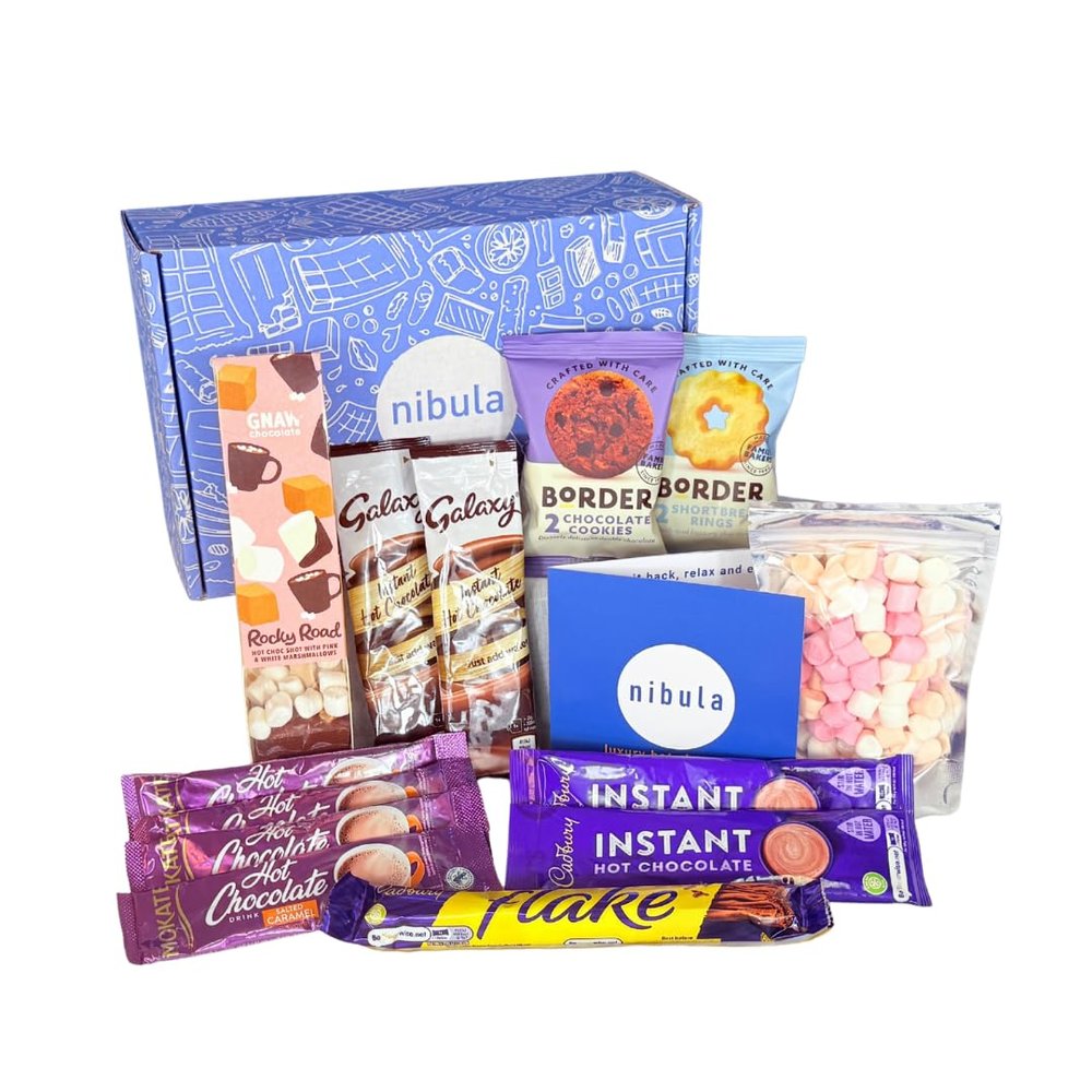 Luxury Hot Chocolate and Marshmallow Selection Hamper | Nibula Treats | Includes 10 Hot Chocolates, Borders Biscuits, Crumbly Chocolate Flake and Mini Marshmallows