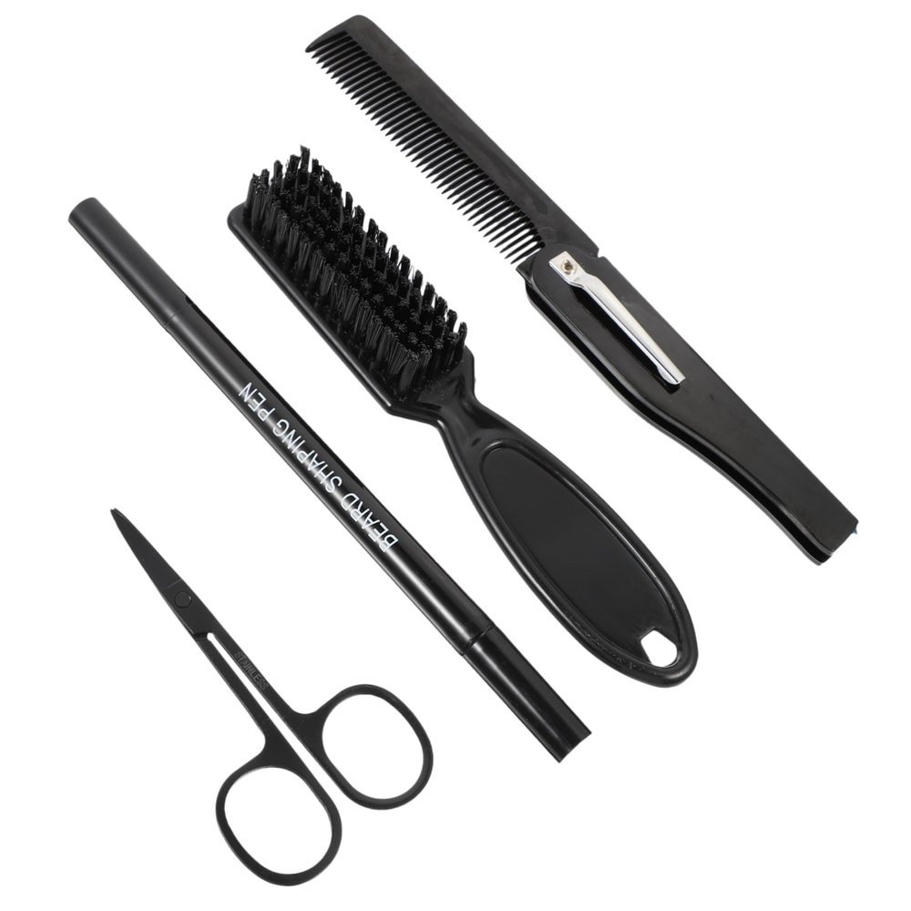 WOONEKY 4pcs Professional Beard Grooming Kit Brush Pen Comb Scissors Pencil Filler Compact Portable